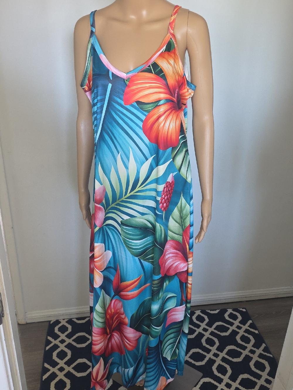 Tropical Floral Maxi Slip Dress in Teal & Coral